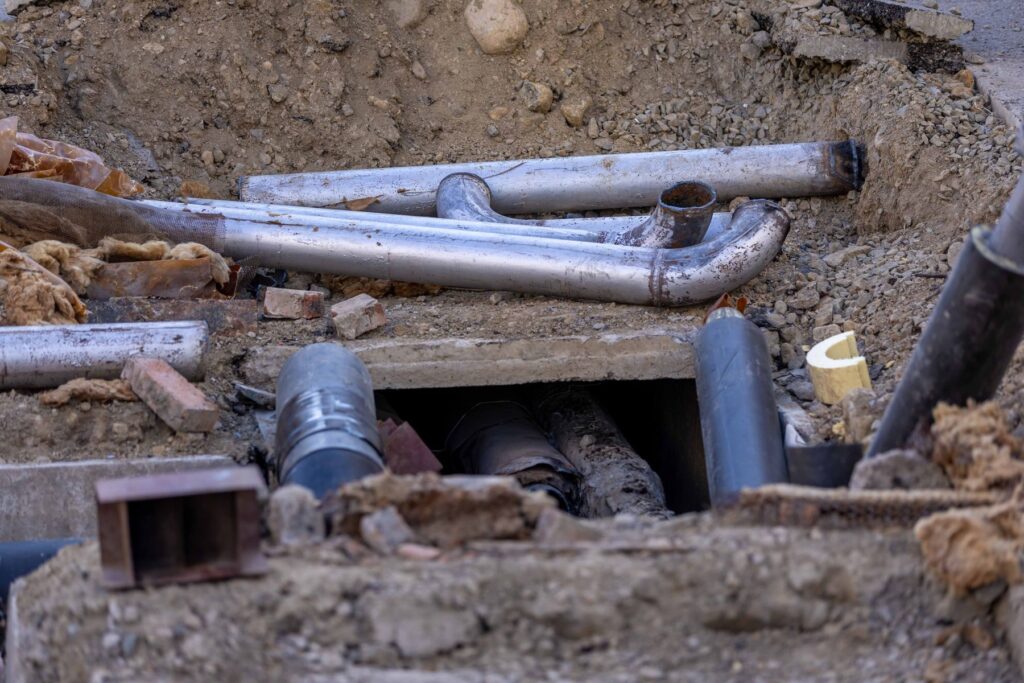 A length of new water pipe in an open trench at a road works.